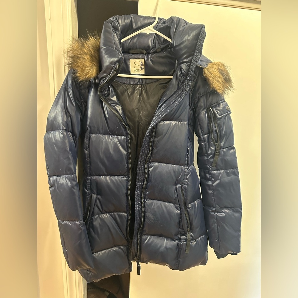 S13 Navy Women's Puffer Jacket with Faux Fur Hood